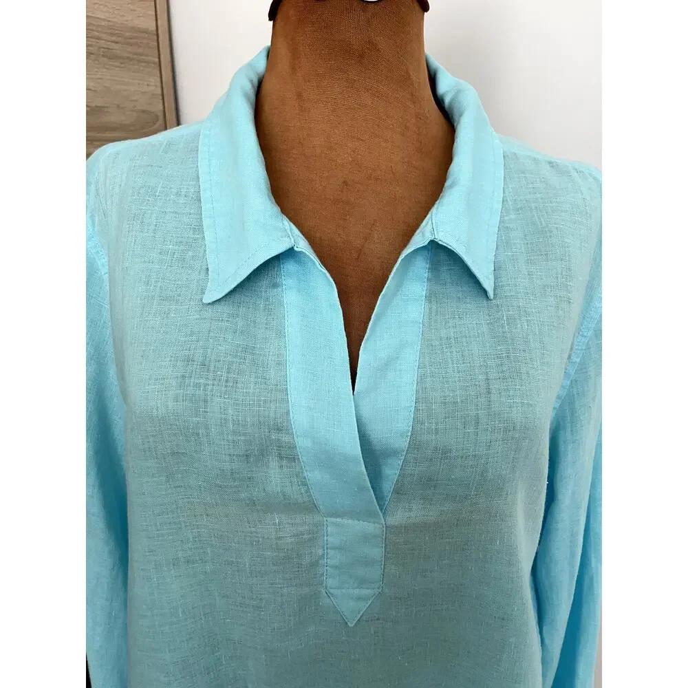 Lilly Pulitzer Sz L Pop Over Tunic Top Blue Linen Preppy Breathable Beach Resort